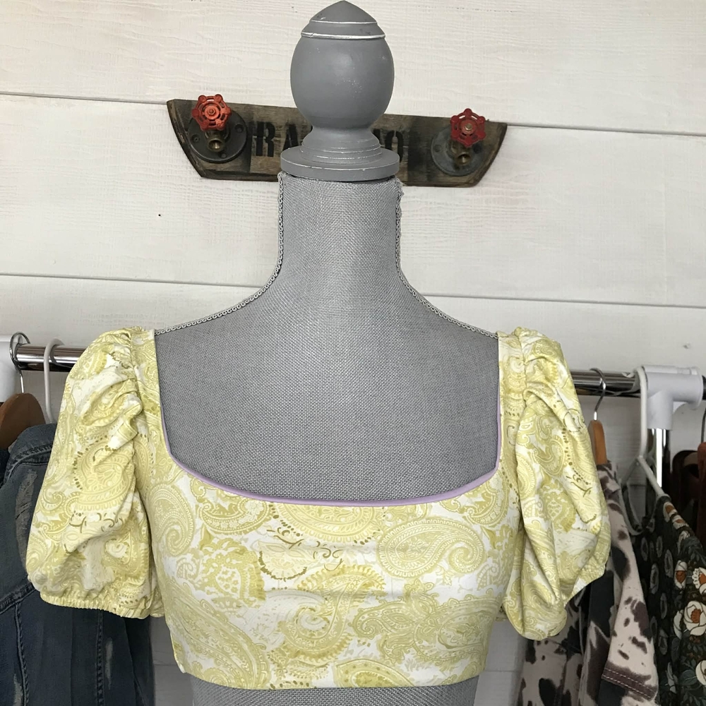 Yellow Paisley Puff Sleeve Bikini Top